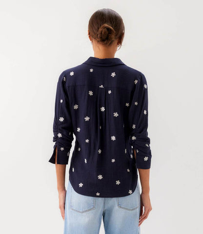 Embroidered Ruched Sleeve Shirt