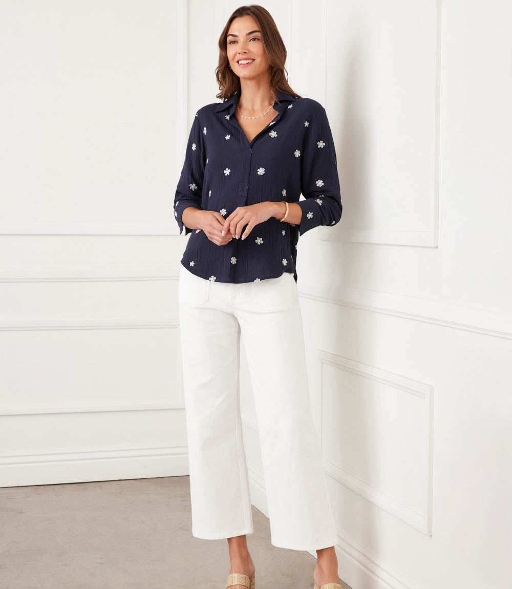 Embroidered Ruched Sleeve Shirt