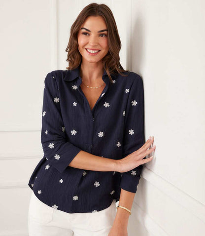 Embroidered Ruched Sleeve Shirt