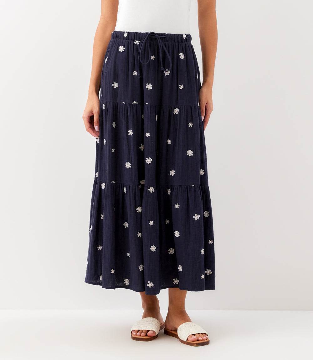 Embroidered Tiered Midi Skirt