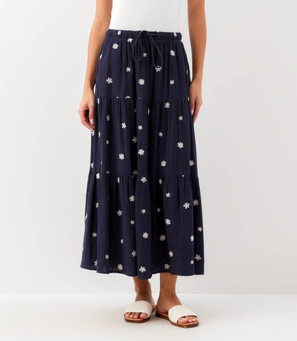 Embroidered Tiered Midi Skirt
