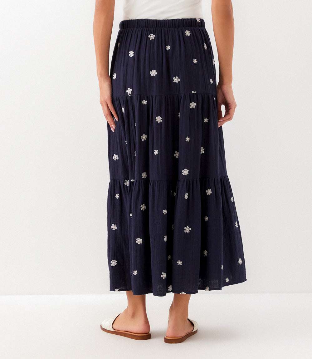 Embroidered Tiered Midi Skirt