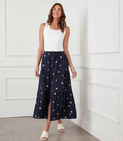 Embroidered Tiered Midi Skirt