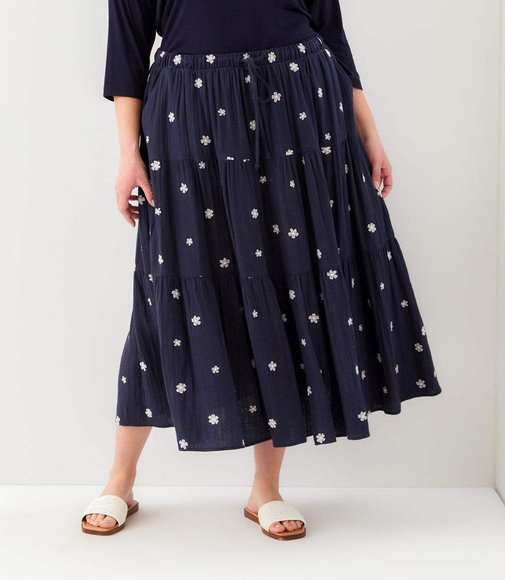 Plus Size Embroidered Tiered Midi Skirt