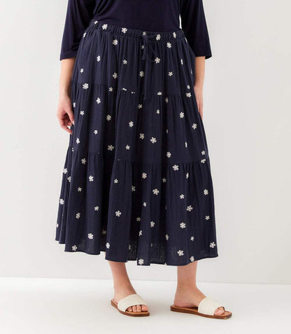 Plus Size Embroidered Tiered Midi Skirt
