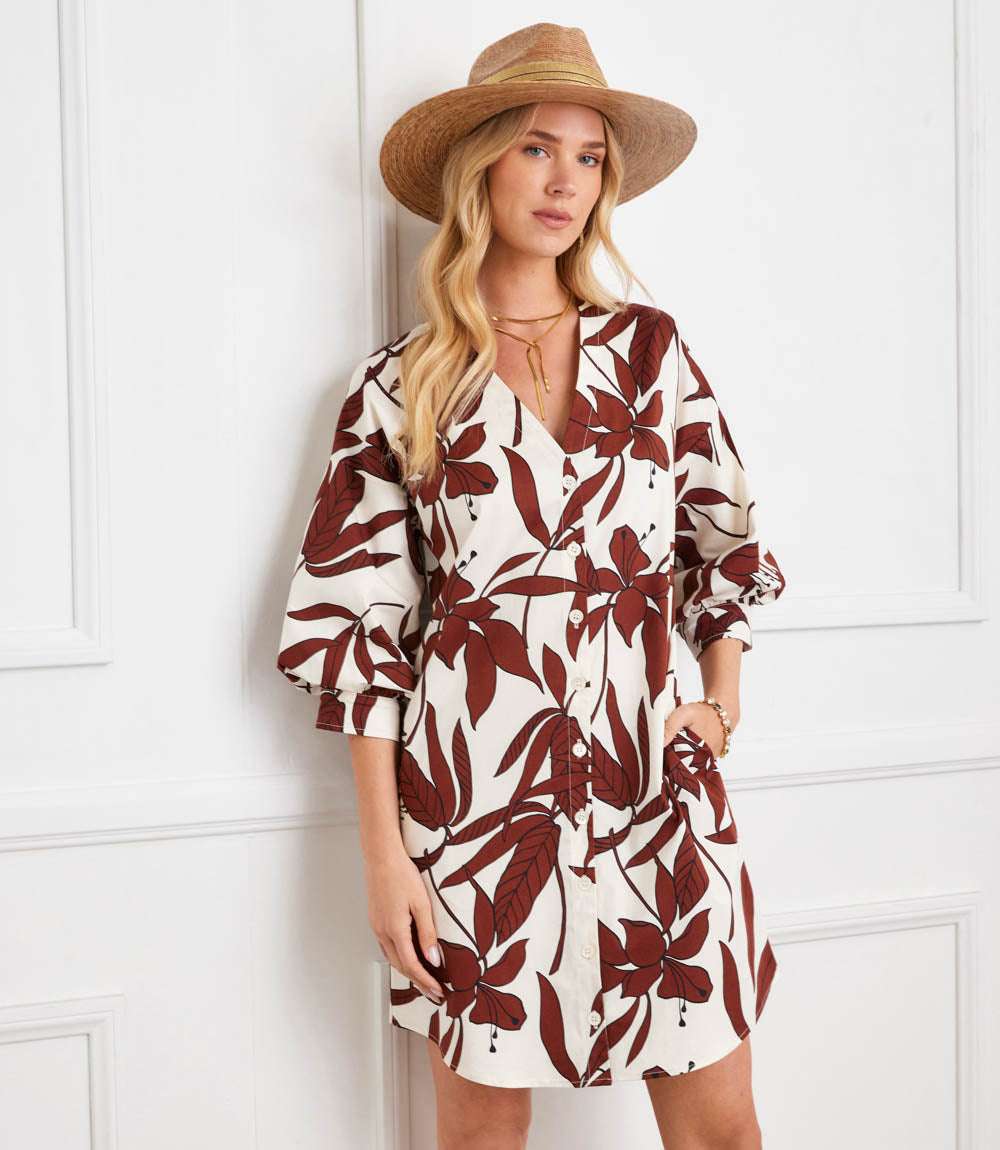 Lantern Sleeve Button-Front Dress