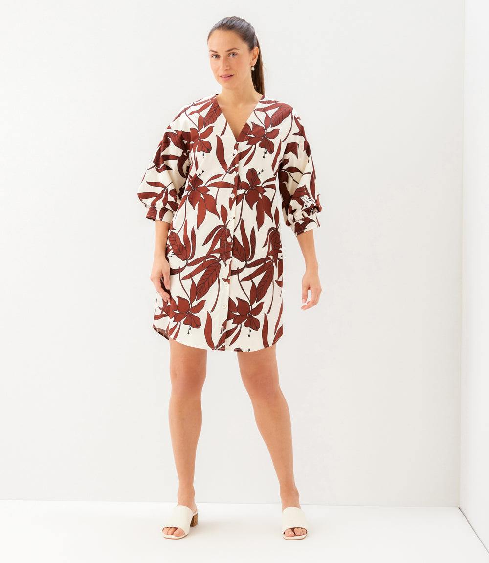 Lantern Sleeve Button-Front Dress