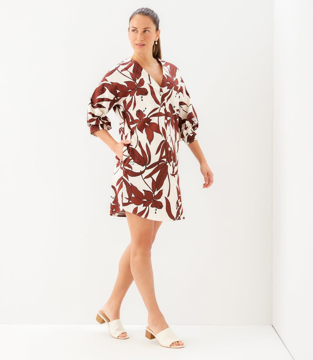 Lantern Sleeve Button-Front Dress