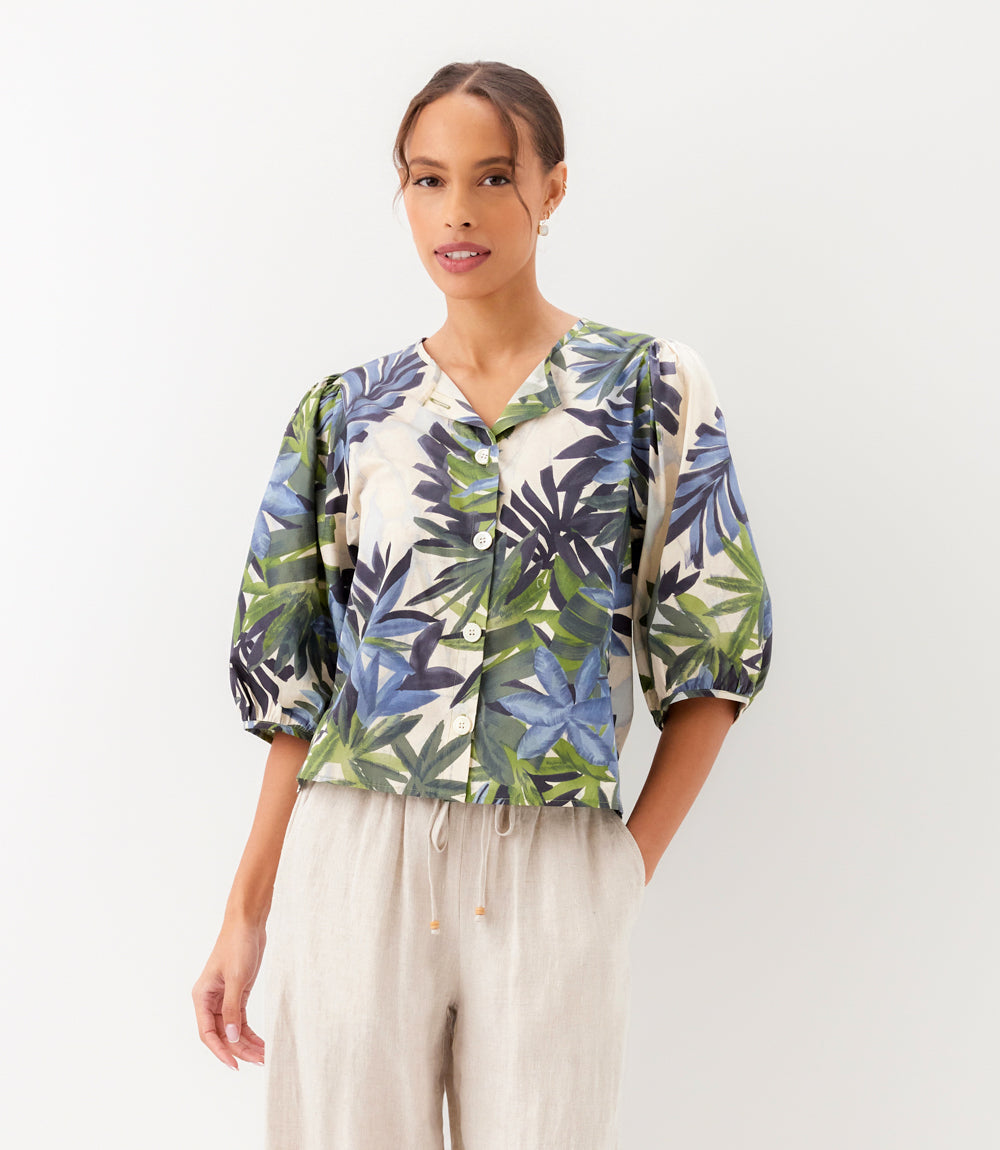 Petite Size Puff Sleeve Button Front Shirt