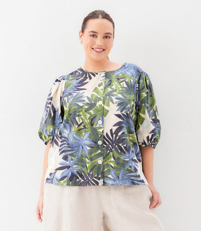 Plus Size Puff Sleeve Button Front Shirt