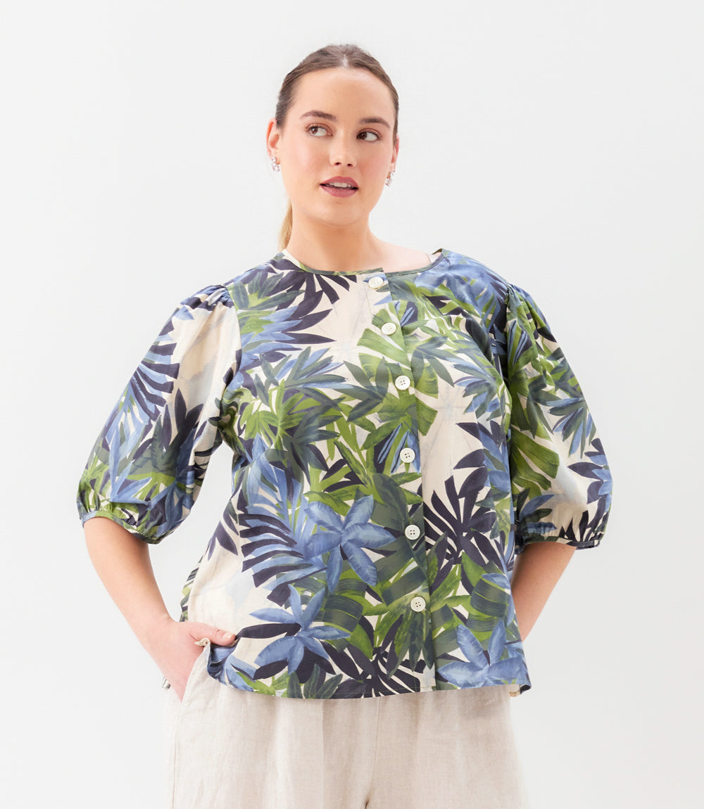 Plus Size Puff Sleeve Button Front Shirt