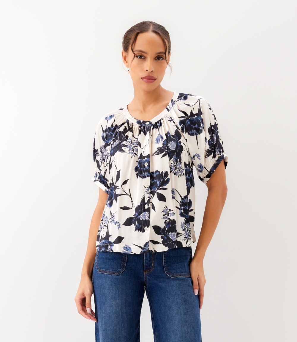 Satin Short Sleeve Peasant Top