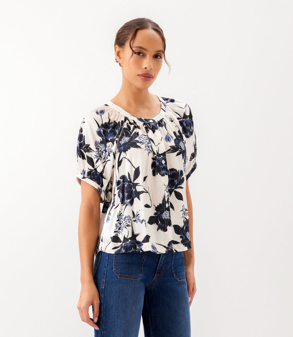 Satin Short Sleeve Peasant Top