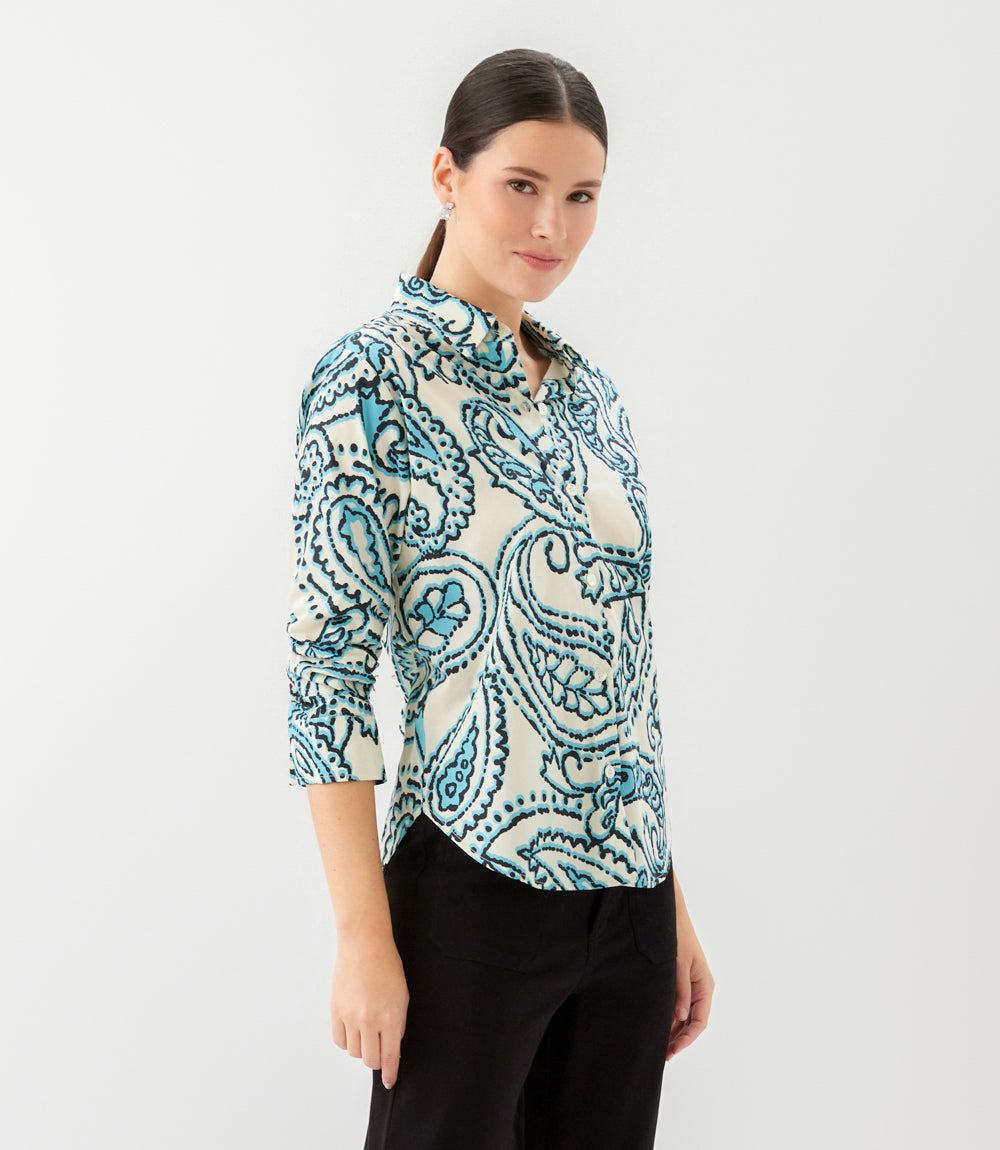 Petite Size Ruched Sleeve Button-Up Shirt