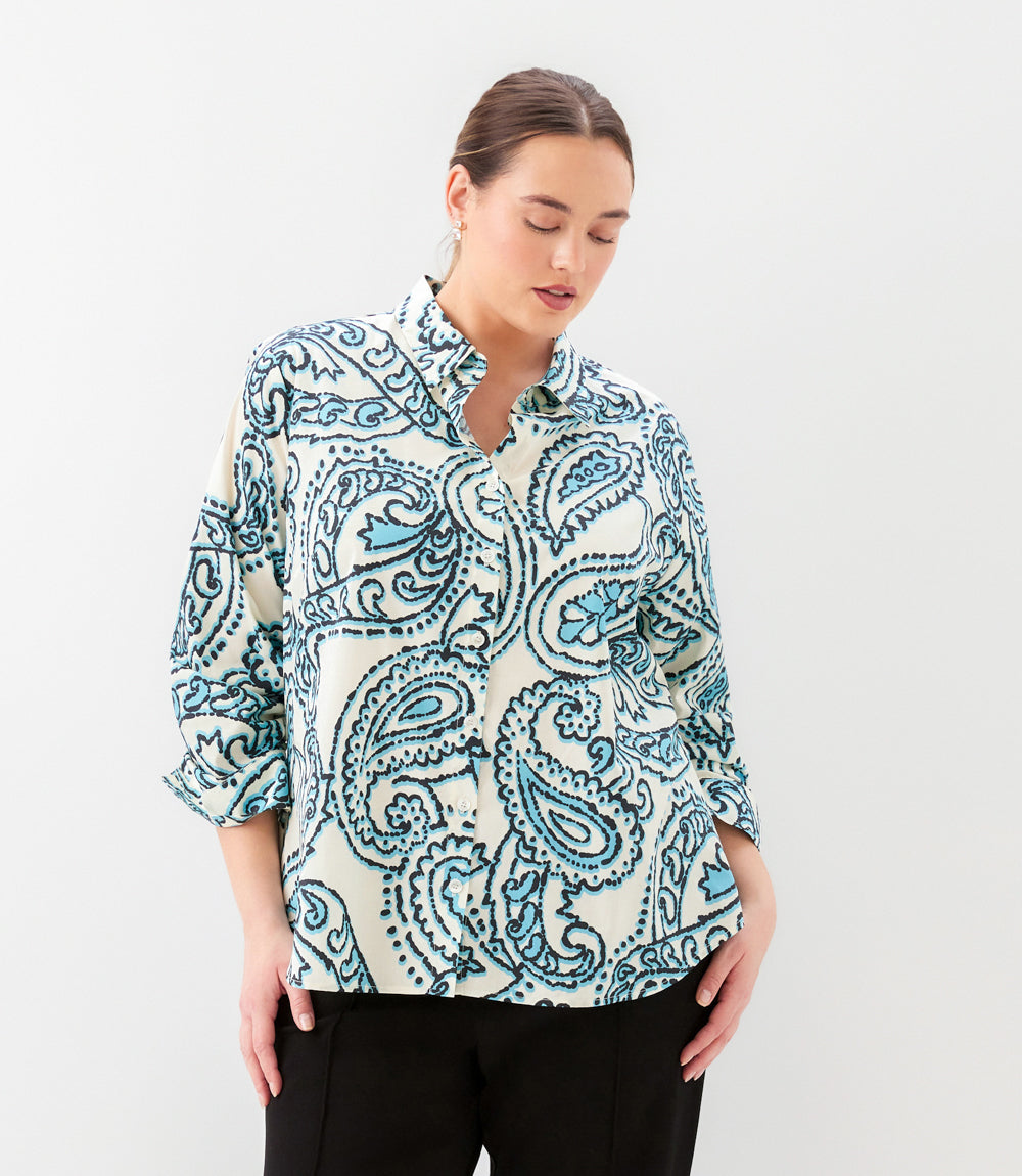 Plus Size Ruched Sleeve Button- Up Shirt