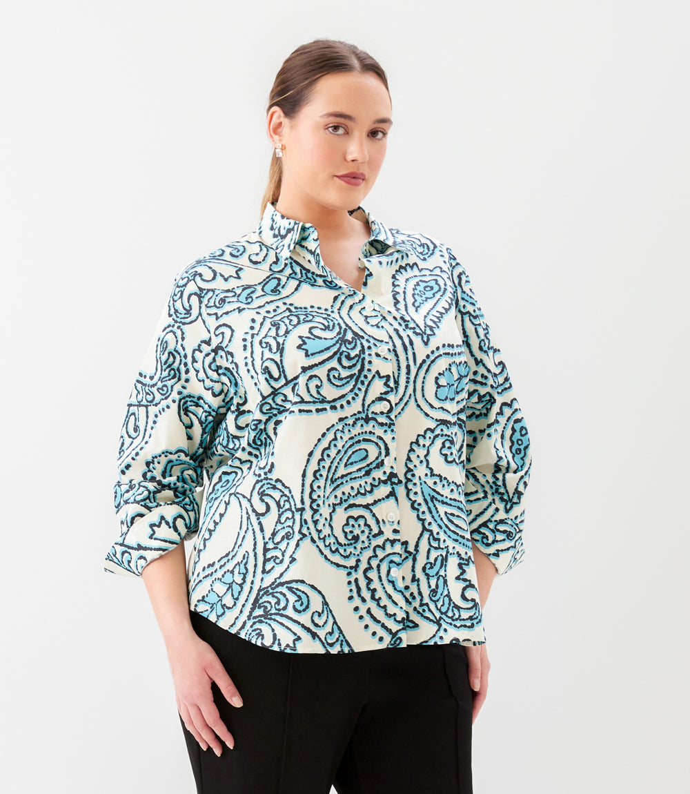 Plus Size Ruched Sleeve Button- Up Shirt