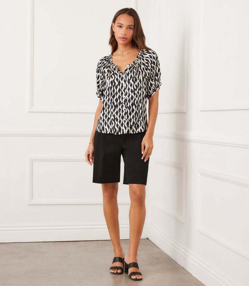 Petite Size Satin Short Sleeve Peasant Top