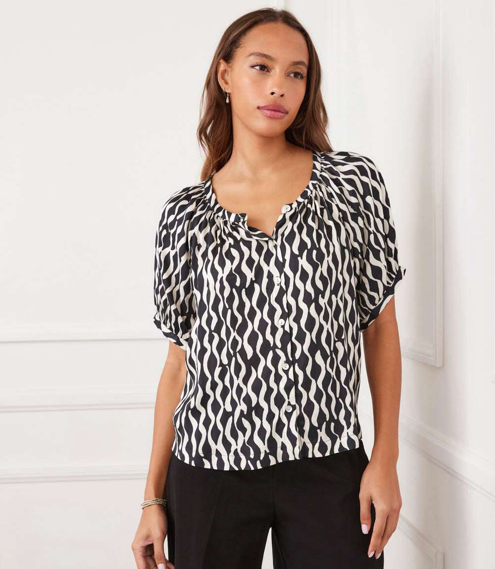 Satin Short Sleeve Peasant Top