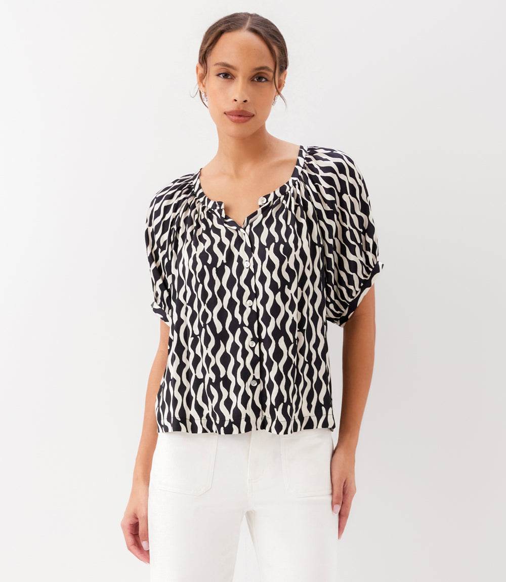 Satin Short Sleeve Peasant Top