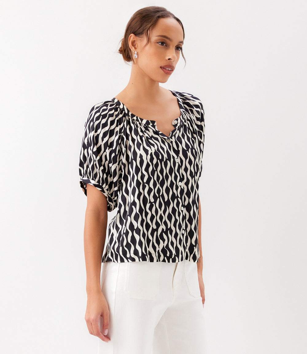 Petite Size Satin Short Sleeve Peasant Top