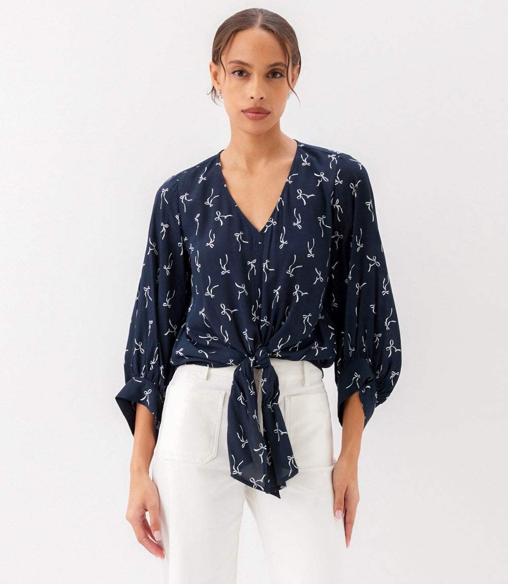 Blouson Sleeve Tie-Front Top
