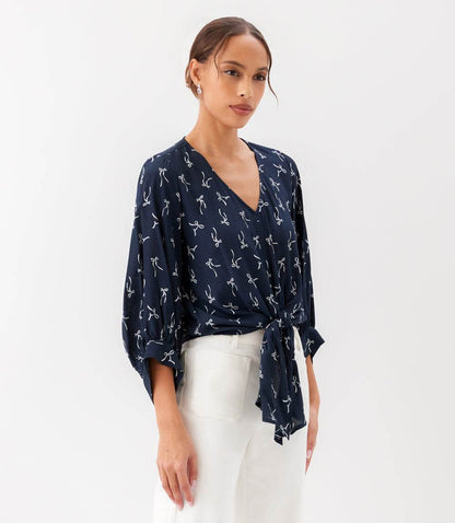 Blouson Sleeve Tie-Front Top