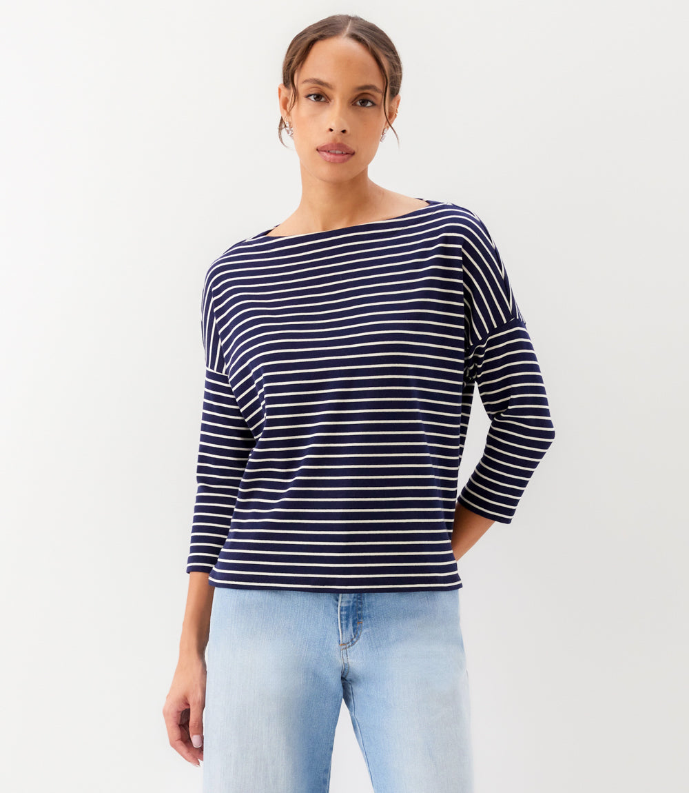 Petite Size Stripe 3/4 Sleeve Boatneck Top