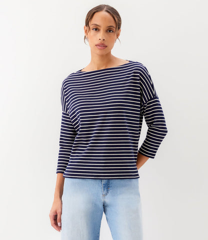 Petite Size Stripe 3/4 Sleeve Boatneck Top