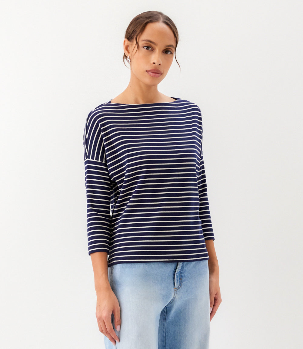 Petite Size Stripe 3/4 Sleeve Boatneck Top