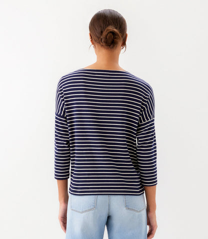 Petite Size Stripe 3/4 Sleeve Boatneck Top