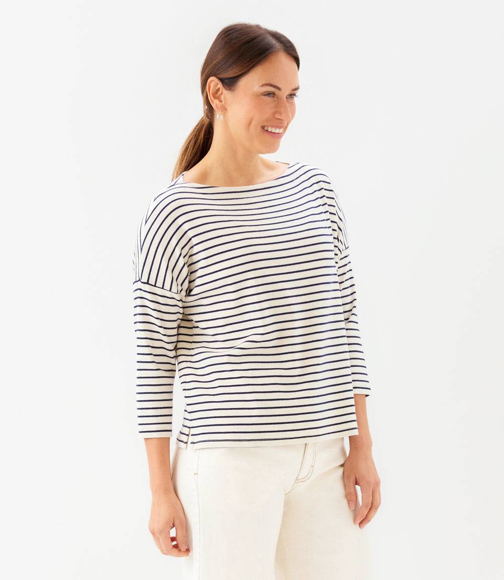 Stripe 3/4 Sleeve Boatneck Top