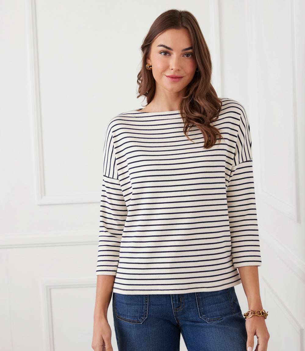 Stripe 3/4 Sleeve Boatneck Top