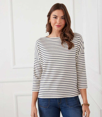 Stripe 3/4 Sleeve Boatneck Top