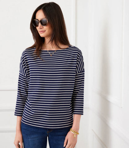 Stripe 3/4 Sleeve Boatneck Top