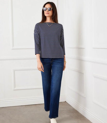 Stripe 3/4 Sleeve Boatneck Top