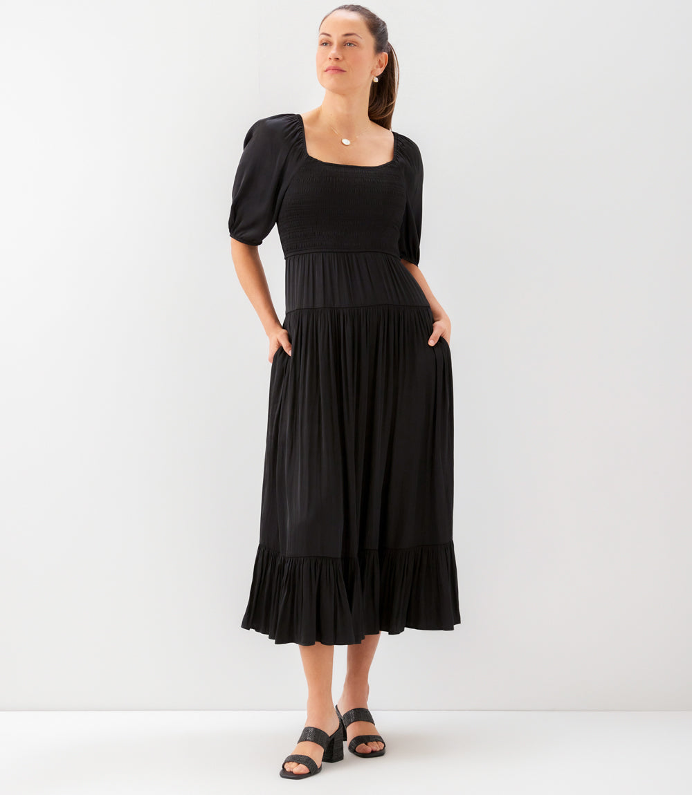 Blouson Sleeve Smocked Midi Dress