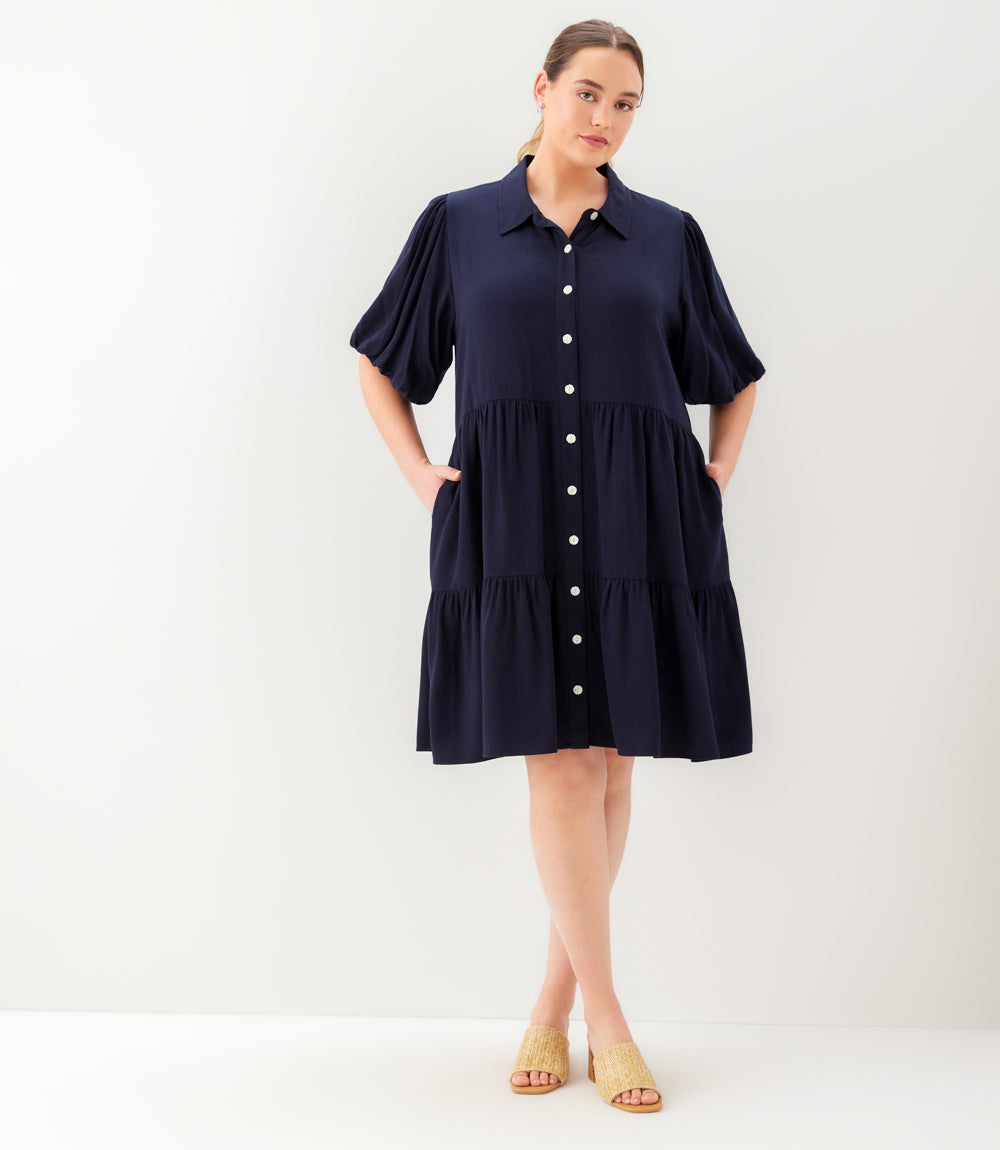Plus Size Puff Sleeve Tiered Shirtdress