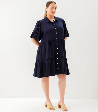 Plus Size Puff Sleeve Tiered Shirtdress
