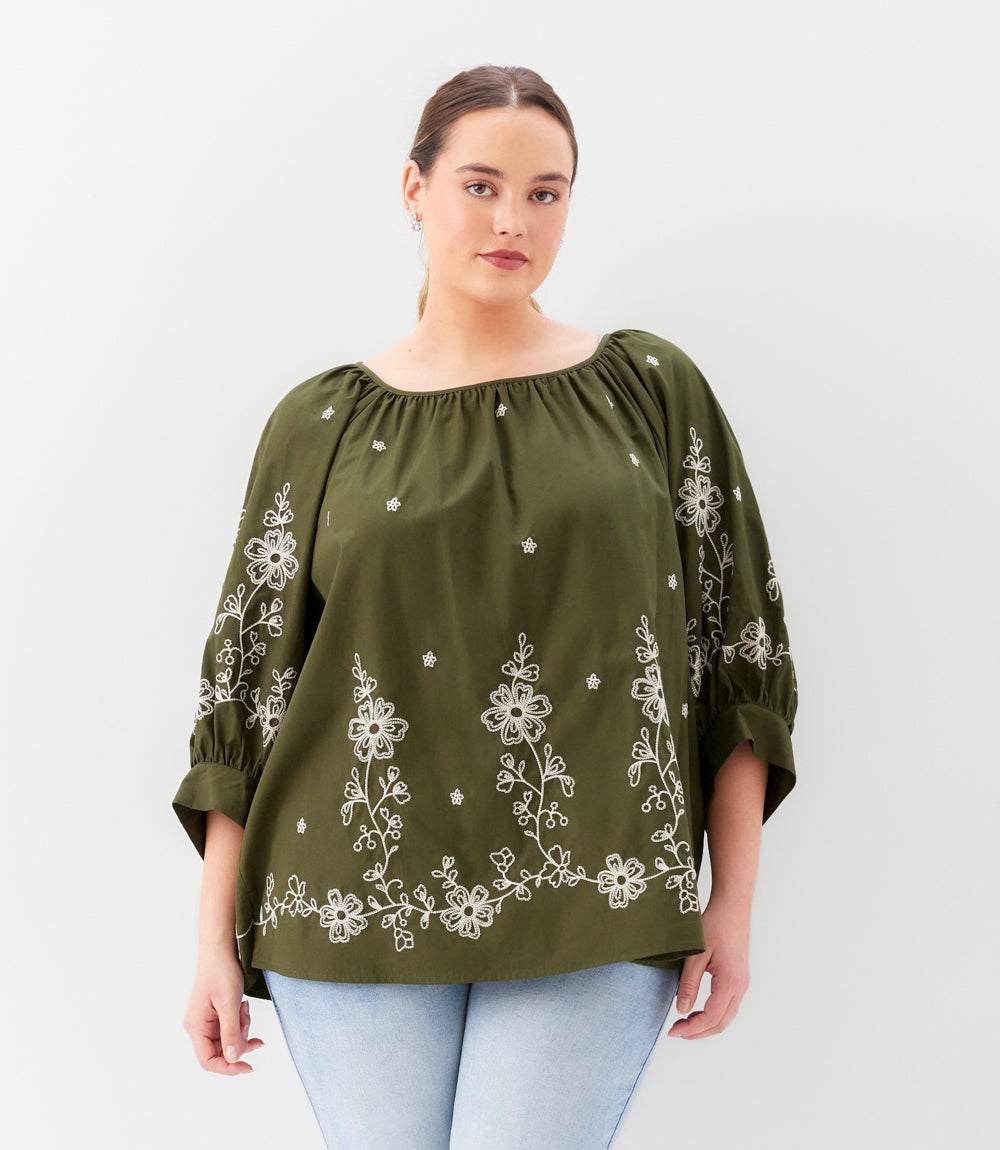 Plus Size Embroidered Blouson Sleeve Top