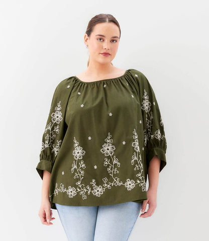 Plus Size Embroidered Blouson Sleeve Top