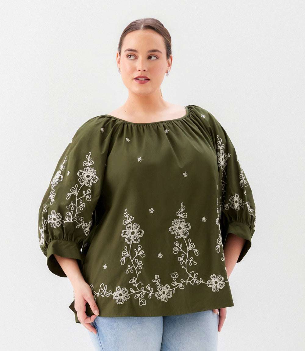 Plus Size Embroidered Blouson Sleeve Top