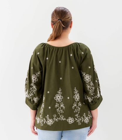 Plus Size Embroidered Blouson Sleeve Top