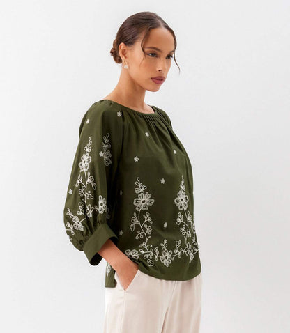 Embroidered Blouson Sleeve Top