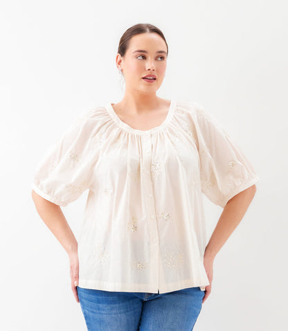 Plus Size Short Sleeve Embroidered Peasant Top