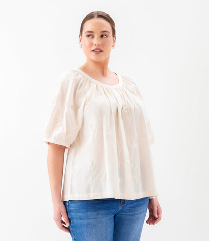 Plus Size Short Sleeve Embroidered Peasant Top