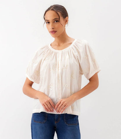 Short Sleeve Embroidered Peasant Top
