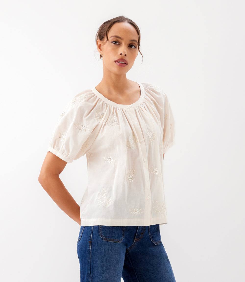 Short Sleeve Embroidered Peasant Top