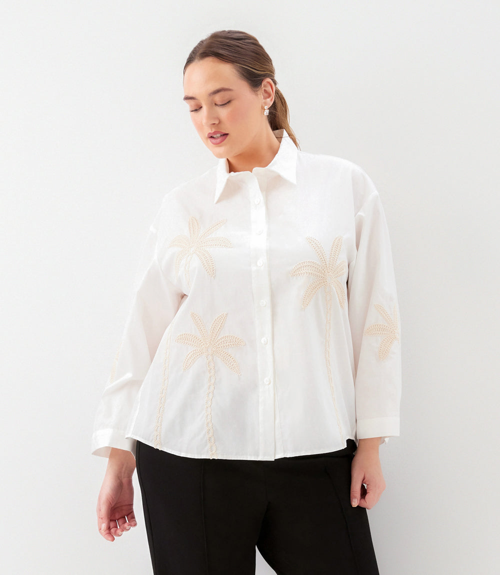 Plus Size Bell Sleeve Embroidered Palm Tree Shirt