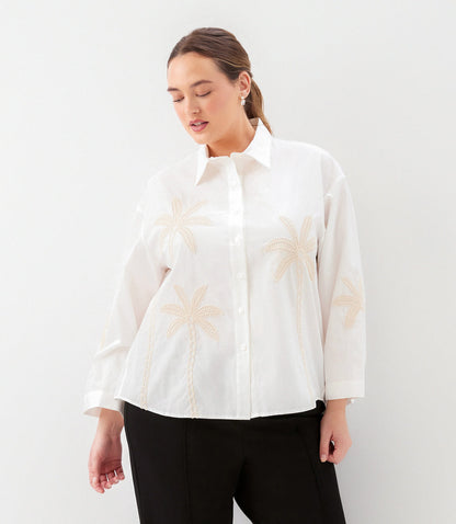 Plus Size Bell Sleeve Embroidered Palm Tree Shirt