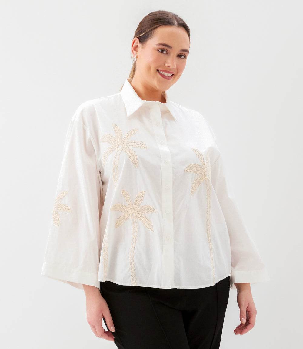Plus Size Bell Sleeve Embroidered Palm Tree Shirt